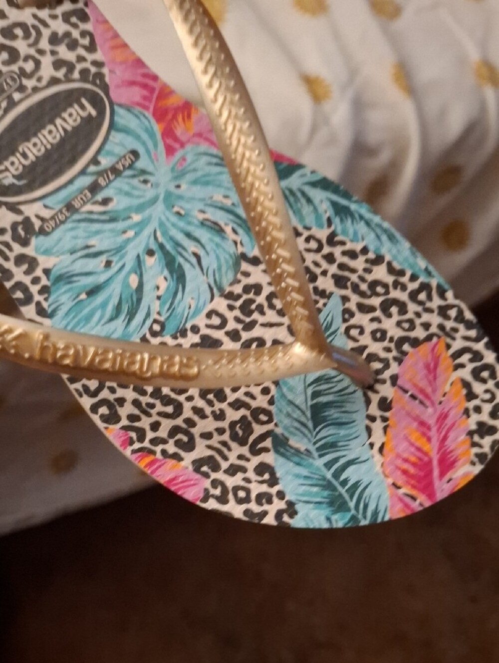 Havaianas Gold-strap Tropical Print Flip Flops - Pink & Teal Sz 7/8 - Picture 6 of 6